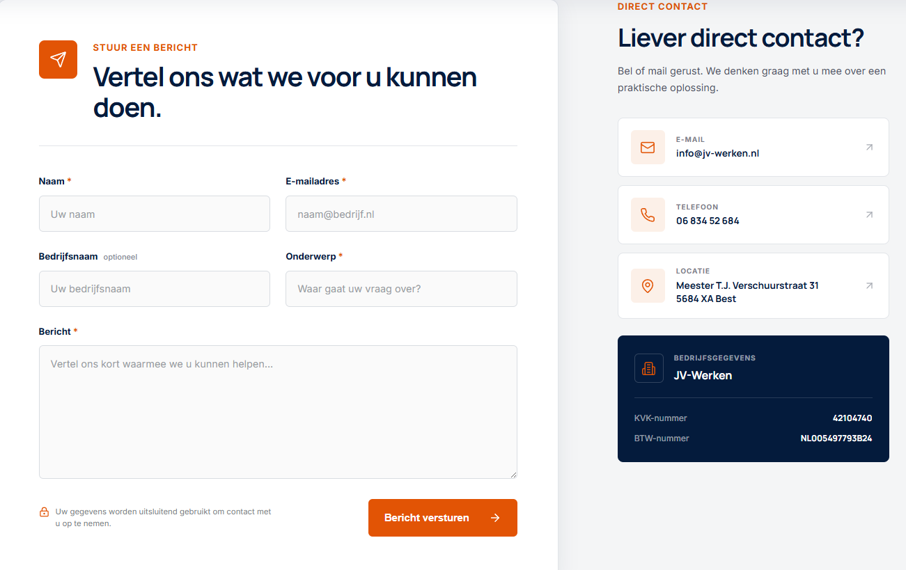 Contactpagina van JV-Werken met contactgegevens en een ontworpen offerteformulier
