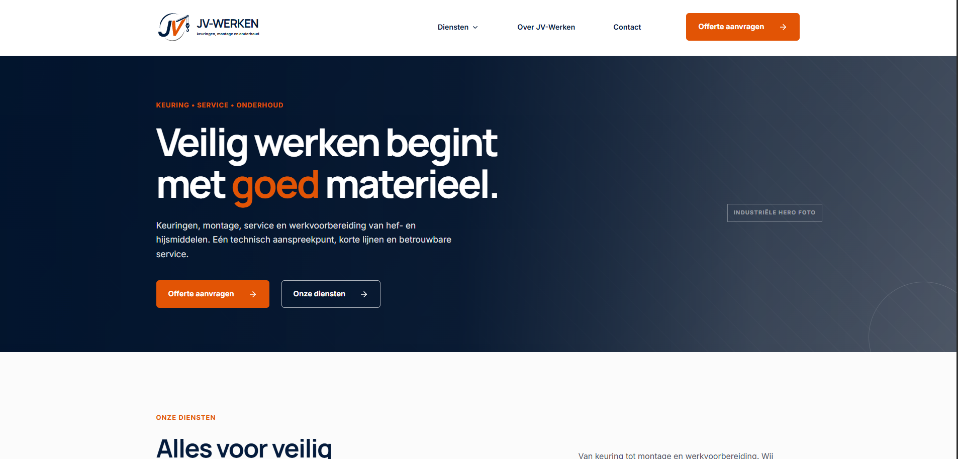Homepage van JV-Werken met navigatie, propositie en offerteknoppen